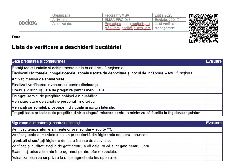 Lista de verificare pentru deschiderea bucătăriei