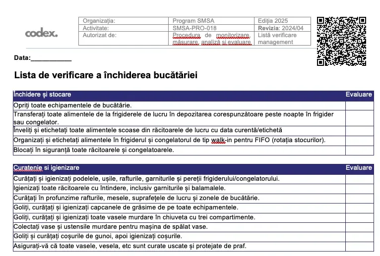 Lista de verificare la închiderea bucătăriei